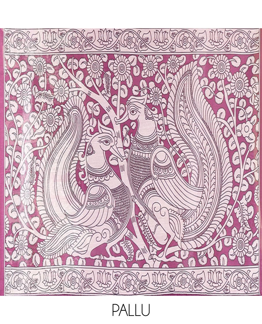 Purple Chanderi Cotton Saree, Adorned with Kalamkari-Style Ancient Human Figurines Printed on Its Body, Subtle Zari Piping Border, Pallu Depicting Kalamkari Peacocks, and Paired with a Matching Blouse