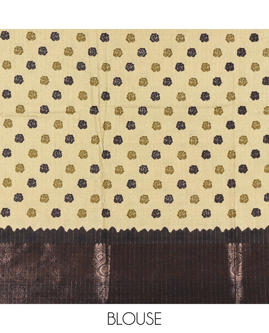 Green golden zari stripes, and floral vine printed dola silk saree, contrast traditional temple zari border, and floral printed pallu