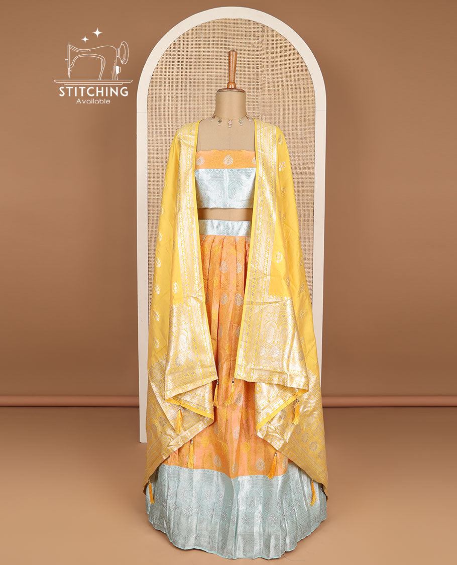 Orange floral design half saree with contrast zari design border , zari design blouse & floral zari design dhavani
