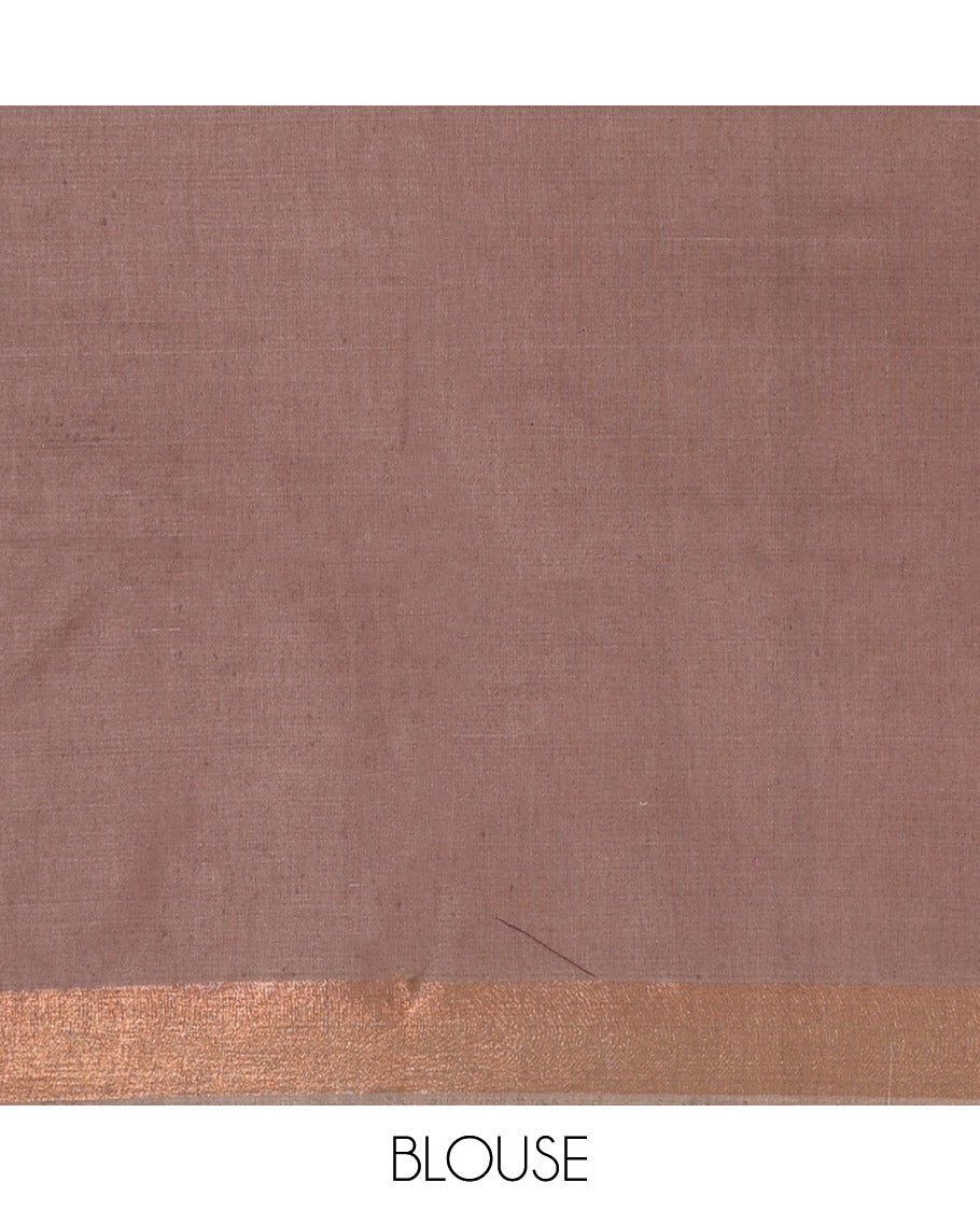 Brown Tussar Silk Saree, Detailed with Floral Motifs Print on Its Body, a Contrast Border, Multi-Color Ombre-Style Striped Pallu, and Paired with a Matching Blouse
