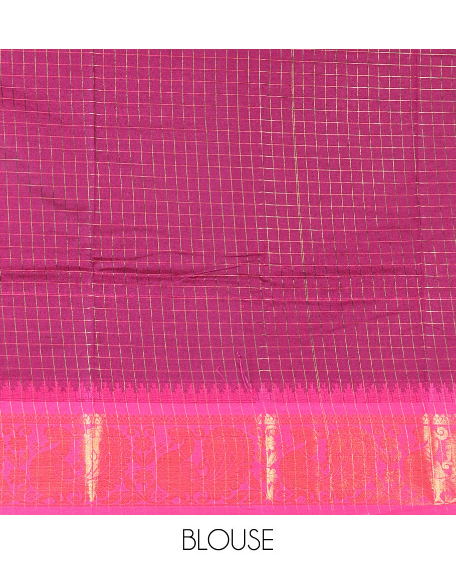 Navy blue zari checked semi-taffeta silk saree, contrast annam motifs zari woven temple border, striped pallu & contrast striped zari border blouse