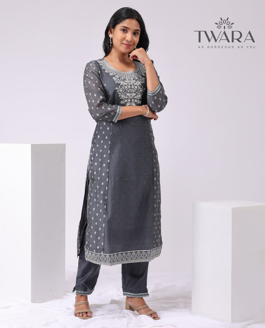 Twara black floral embroidery round neck , 3/4 th sleeve , below knee lenght straight cut kurti with straight pants & floral motifs dupatta