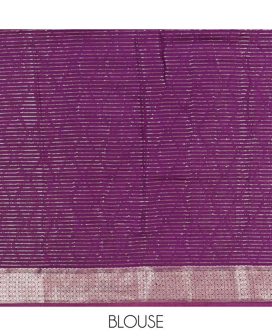 Lavender Assam Silk Saree, Enthralled with Zari Stripes, Complemented by a Contrast Jaal Zari Design Border, Zari Woven Pallu, and Contrast Blouse