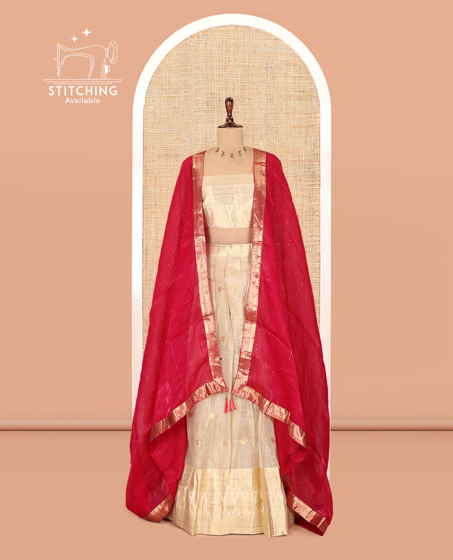 Chikku-Rani Pink Banaras Kota Half-Saree, Zari Buttas Skirt, Traditional Border, Matching Blouse, Contrast Organza Sequins Dhavani