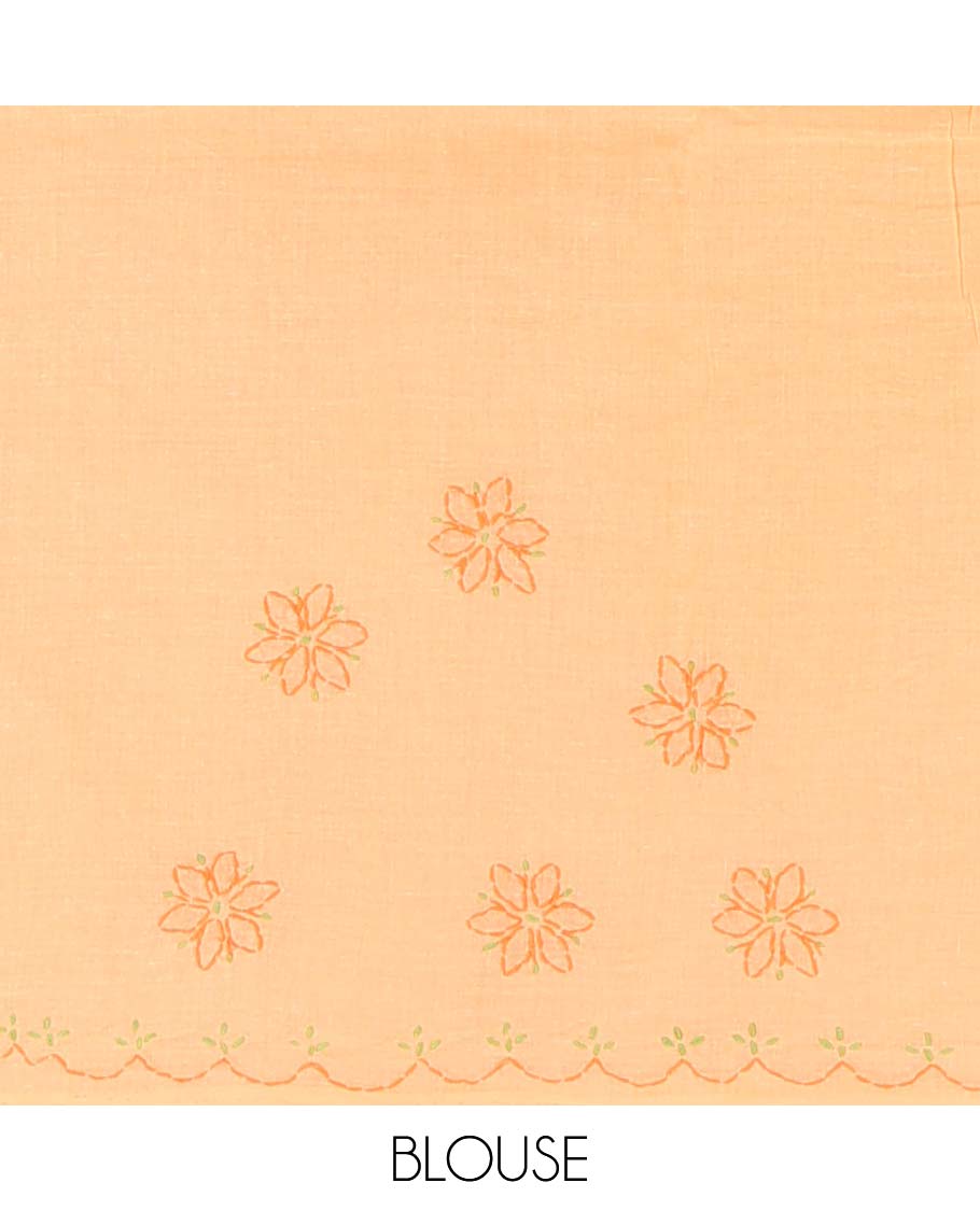 Orange floral embroidery lucknowi chikankari cotton saree,self scallop design border & pallu of floral embroidery