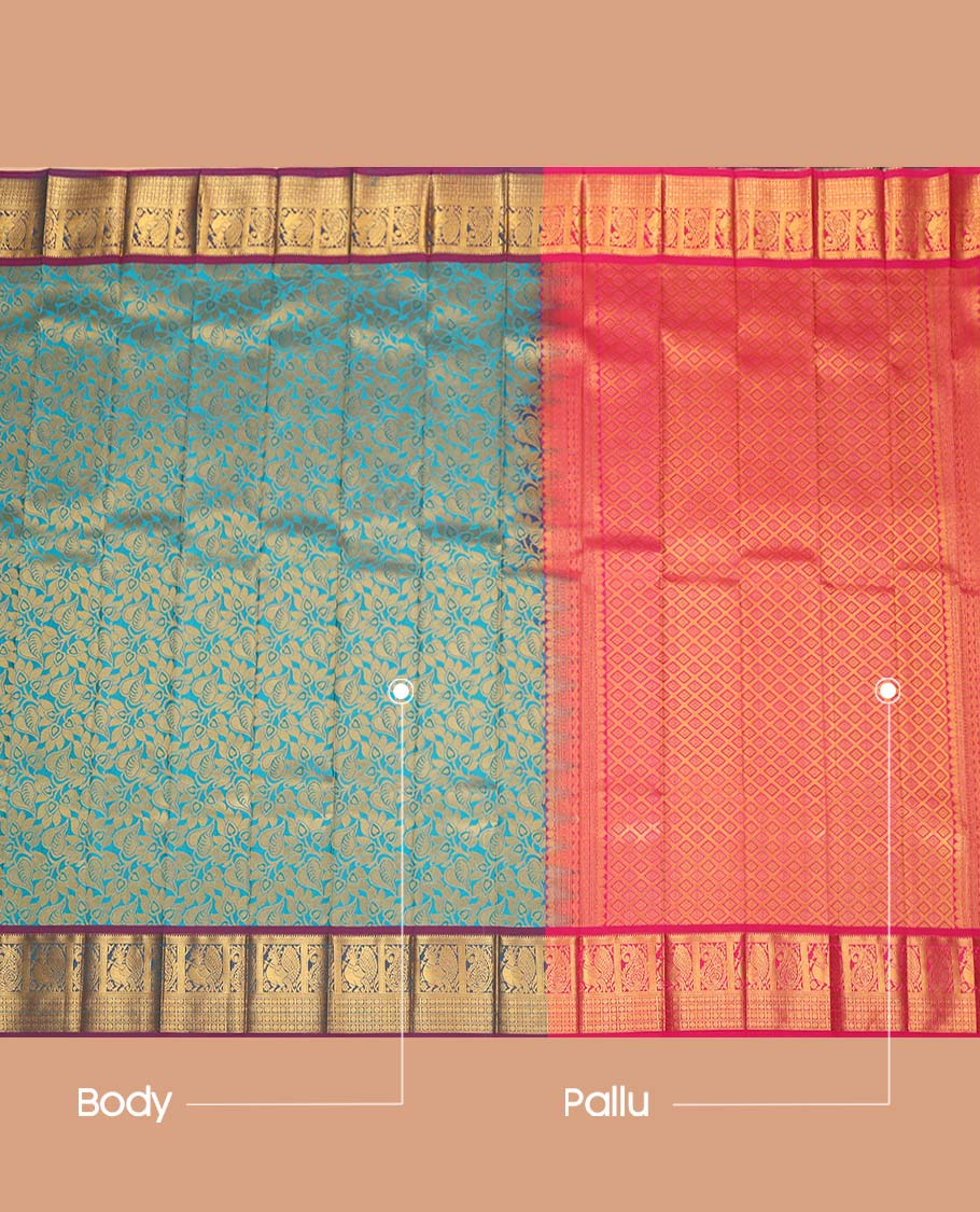 Blue Budget Silk Saree, Delicately Woven Floral Vine Design, Complemented by Contrast Traditional Peacock and Paisley Zari Border, a Jaal Pallu and a Contrast Blouse