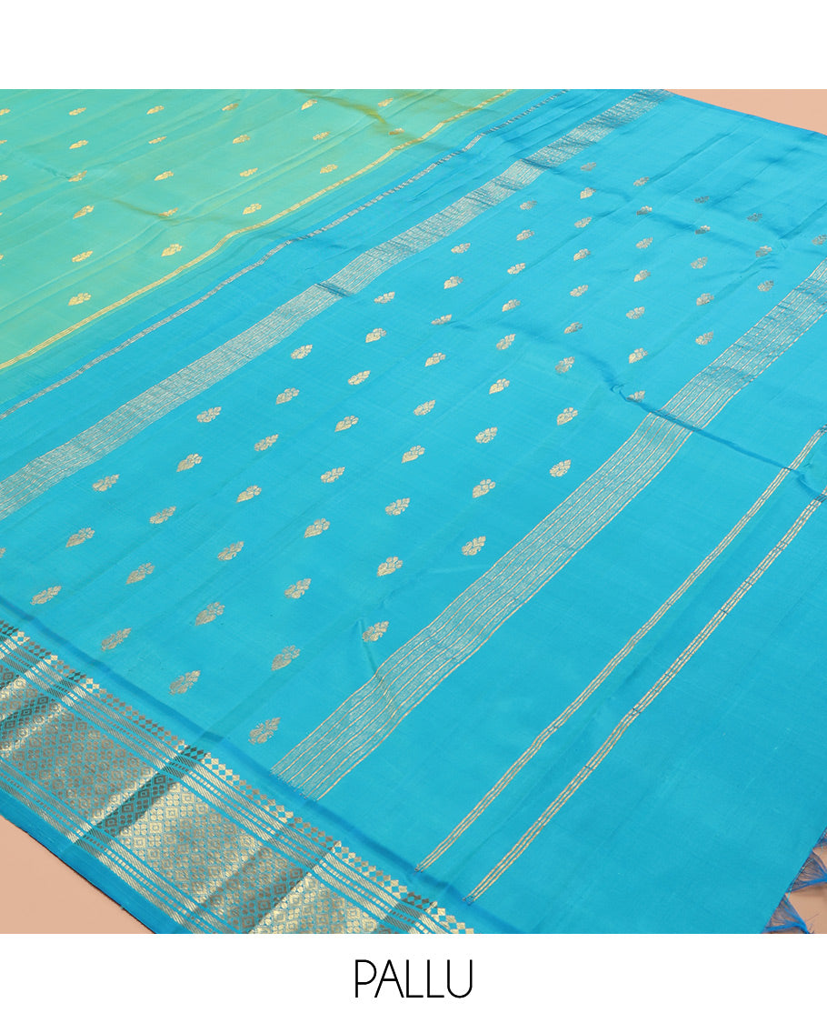 Turquoise Kanchipuram Silk Saree, Woven with Zari Buttas, a Contrast One-Sided Border of Panner Sombu, Banaras, Muthu, and Jaal Designs, Zari Design Pallu, and No Blouse