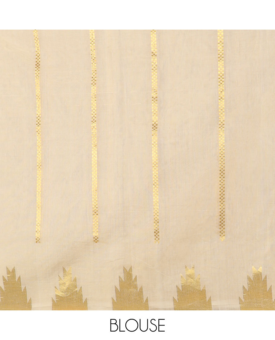 Cream striped kasavu saree with self temple border & gold zari striped pallu