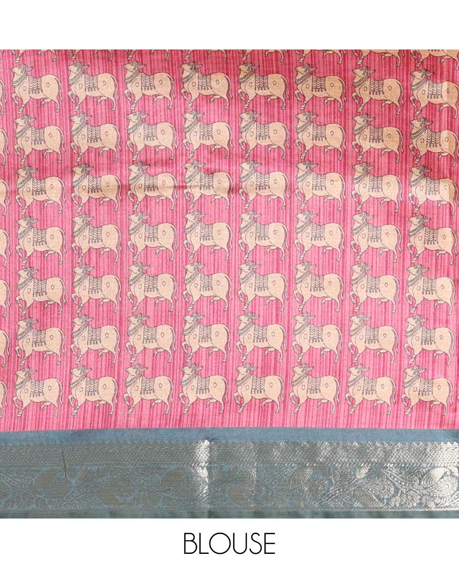 Blue striped semi-tussar saree, traditional zari border of floral creeper designs, contrast pallu of Pichwai cow print, and contrast Pichwai cow printed blouse