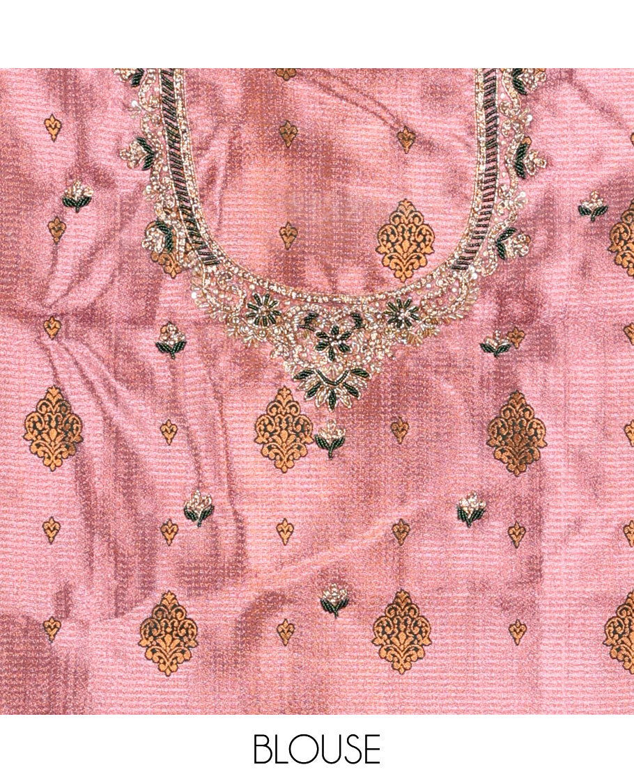 Pink floral buttas art silk half saree with contrast traditional design border, floral embroidery & striped zari design dhavani