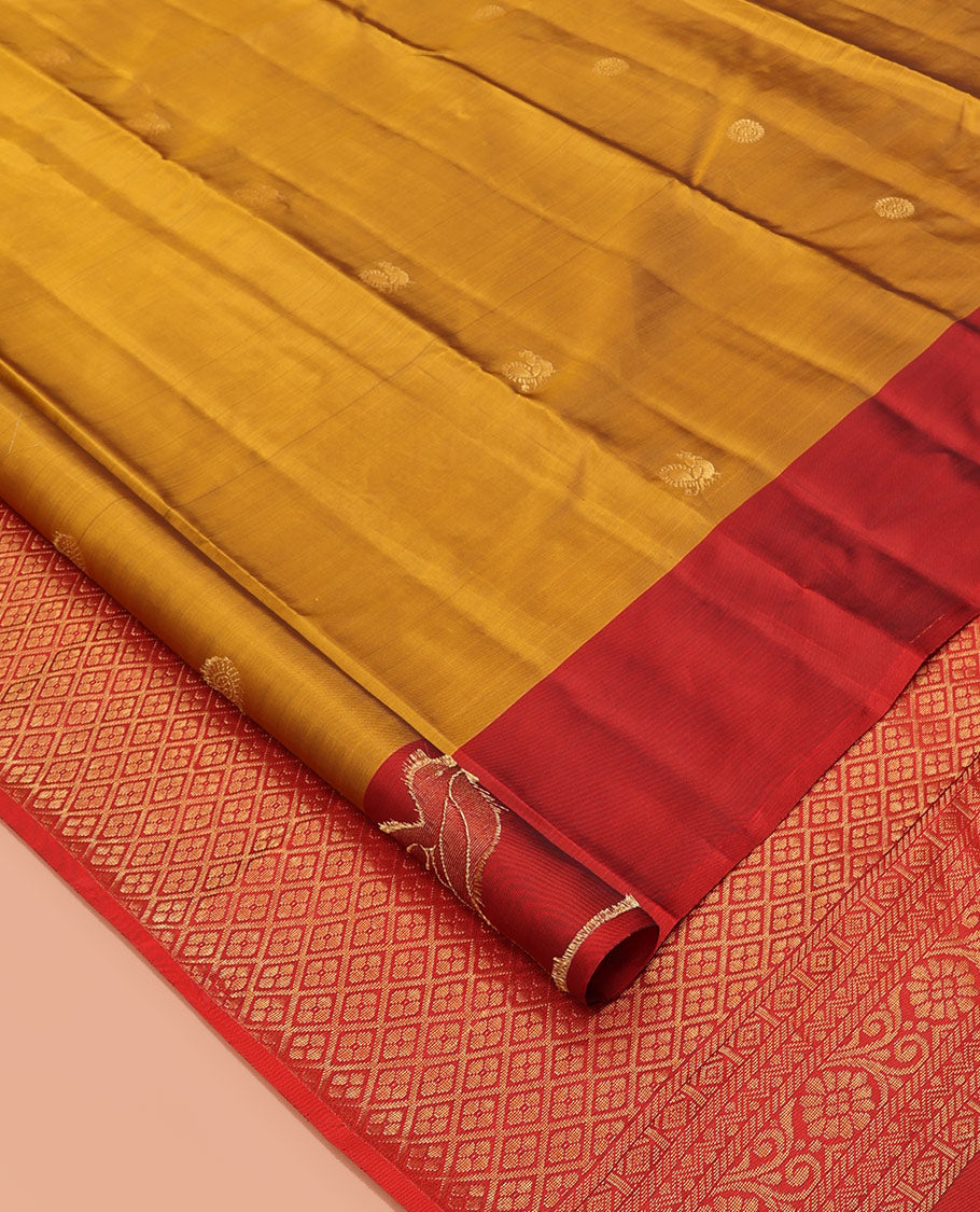 Mustard Mayil-Chakra Buttas Vasundhara Lite Silkmix Saree, a Contrast Bird Border, Jaal Pallu, Contrast Blouse