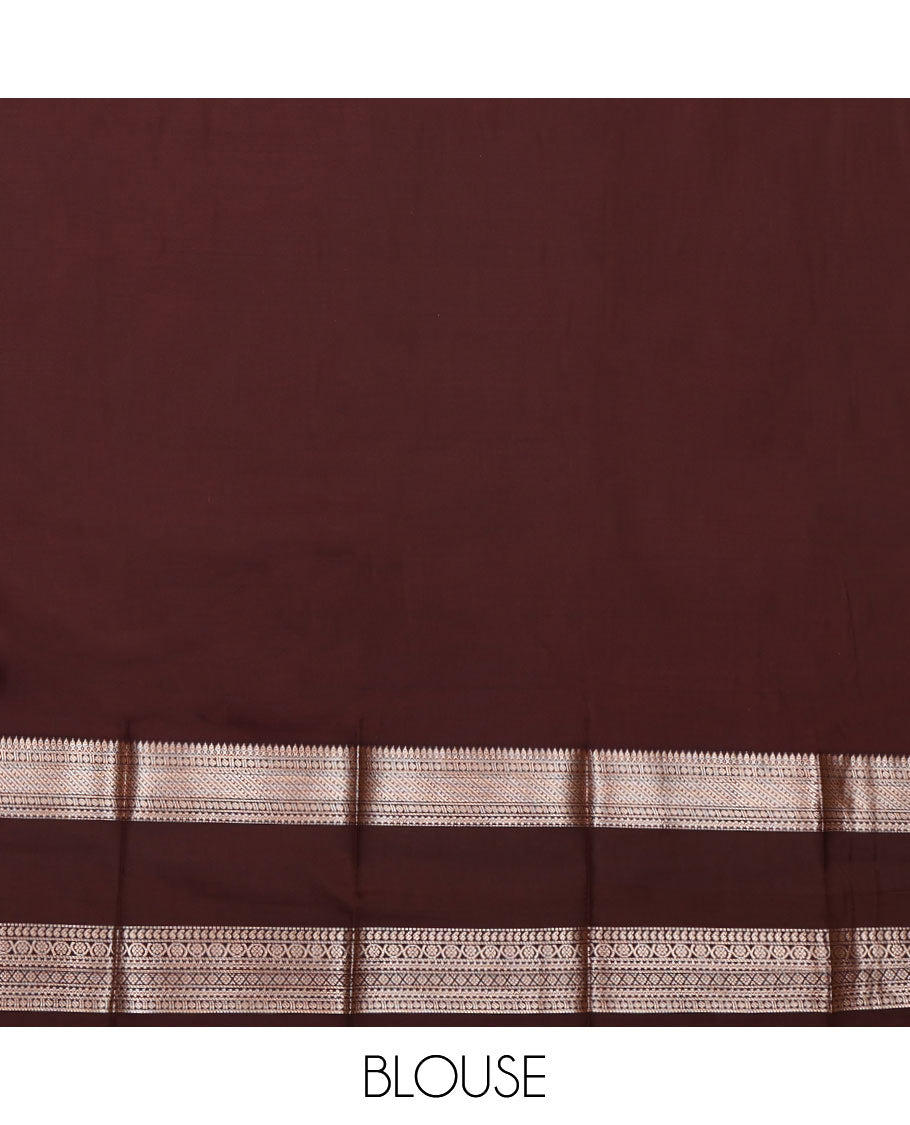 Mustard Budget Silk Saree, Detailed with Zari Buttas, Complemented by a Contrast Traditional Zari Rettai Pettu Border, Grand Pallu, and a Contrast Blouse