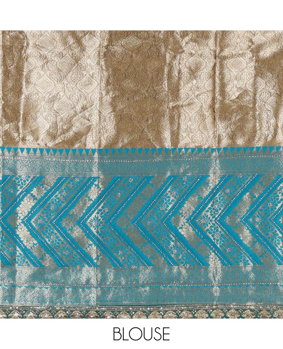 Gold banaras half saree, ogee skirt, contrast rama blue traditional zari border, matching blouse, and Syska georgette embroidered dhavani