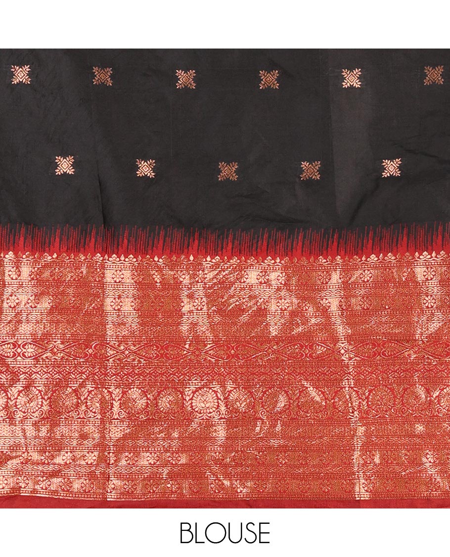 Black taffeta silk half saree, zari buttas with contrast Maroon traditional zari border, matching zari blouse, and contrast plain zari border dhavani