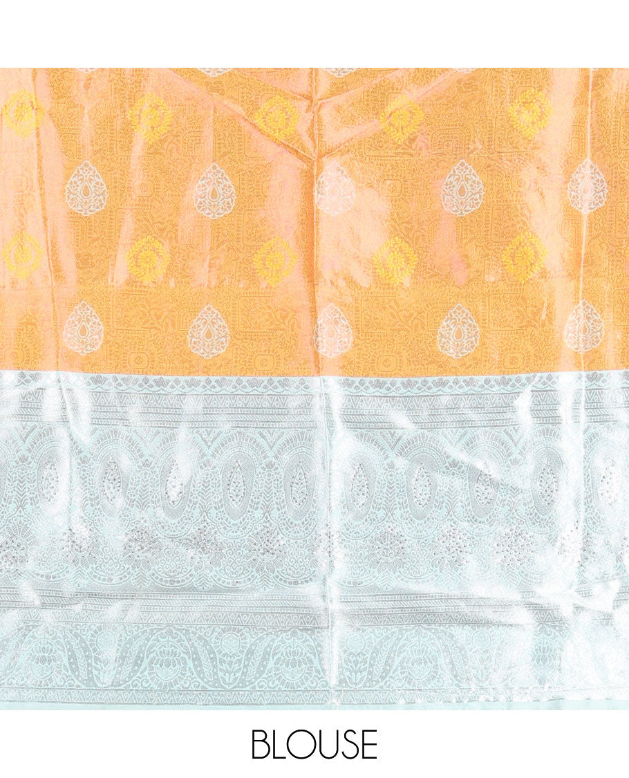 Orange floral design half saree with contrast zari design border , zari design blouse & floral zari design dhavani