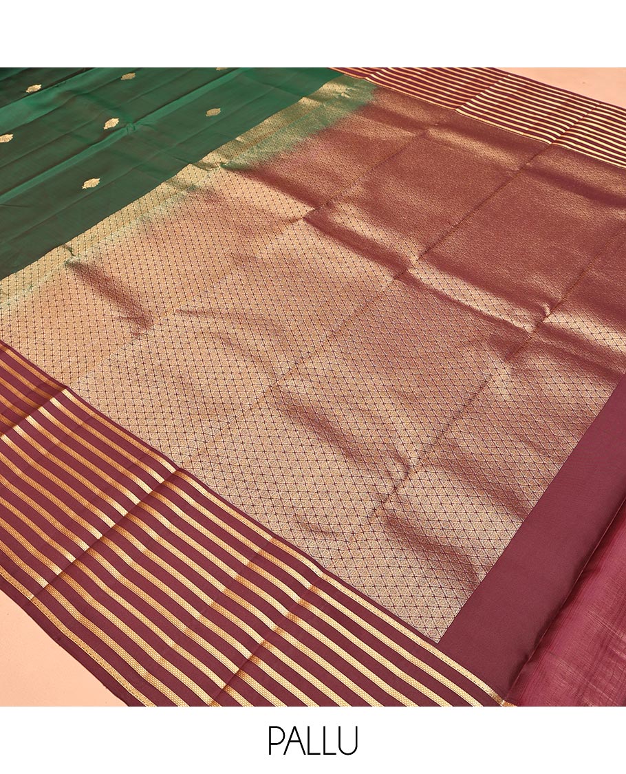 Green Vasundhara Lite Silk Mix Saree, Beautifully Bedecked with Zari Buttas All Over Its Body, Complemented by a Contrast Zari Striped Border, Grand Jaal-Design Pallu, and Paired with a Contrast Blouse