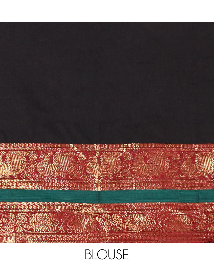 Black-Red Mercerised Cotton Half-Saree Features Plain with Contrast Peacock and Floral Creeper Zari Bordered Skirt, Paired with a Matching Blouse, and Comes with a Contrast Floral Creeper Zari Bordered Dhavani