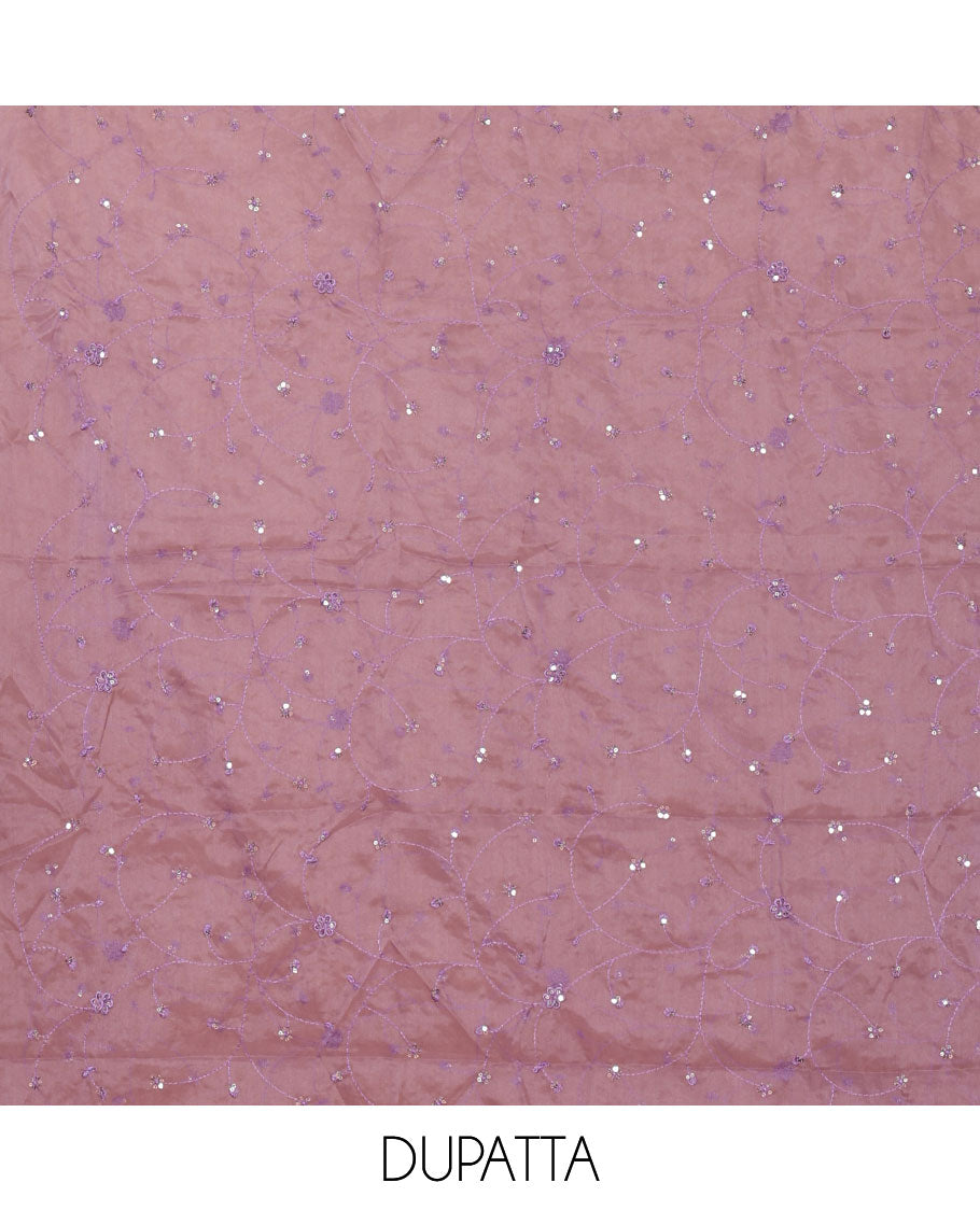 Lavender material chudidar set,floral-geometric print & outline embroidery organza top,plain bottom & floral vine sequins embroidery dupatta