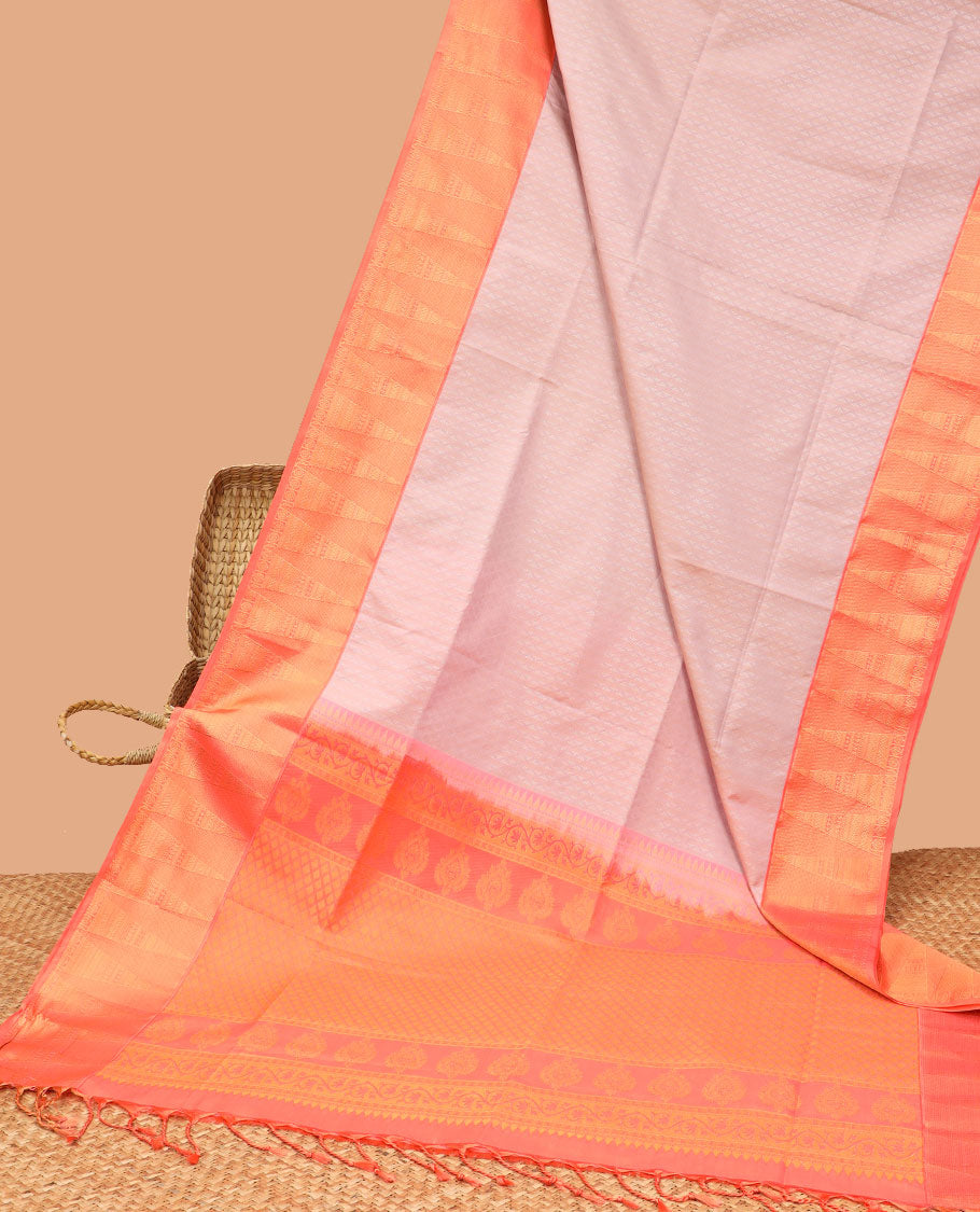 Soft baby pink intricate design soft silk saree with contrast geometric zari design & intricate zari design pallu