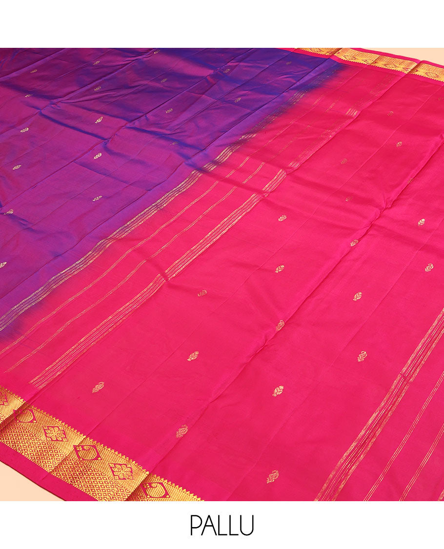 Violet Kanchipuram Silk Saree, Adorned with Zari Buttas, a Contrast Border of Rekku, Manga, Diamond and Mayil Kann Designs, Zari Design Pallu, and a Contrast Blouse