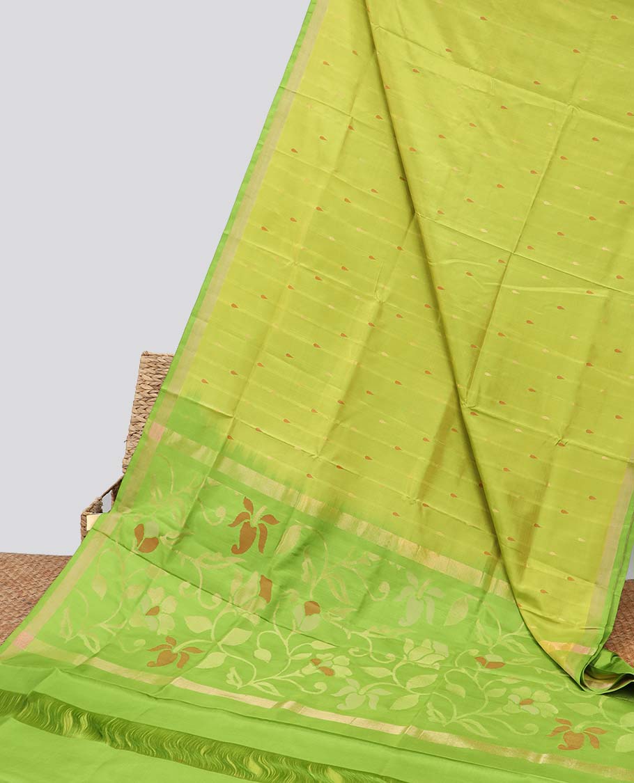 Light green floral motifs upadda silk saree with self zari border & floral vine design pallu