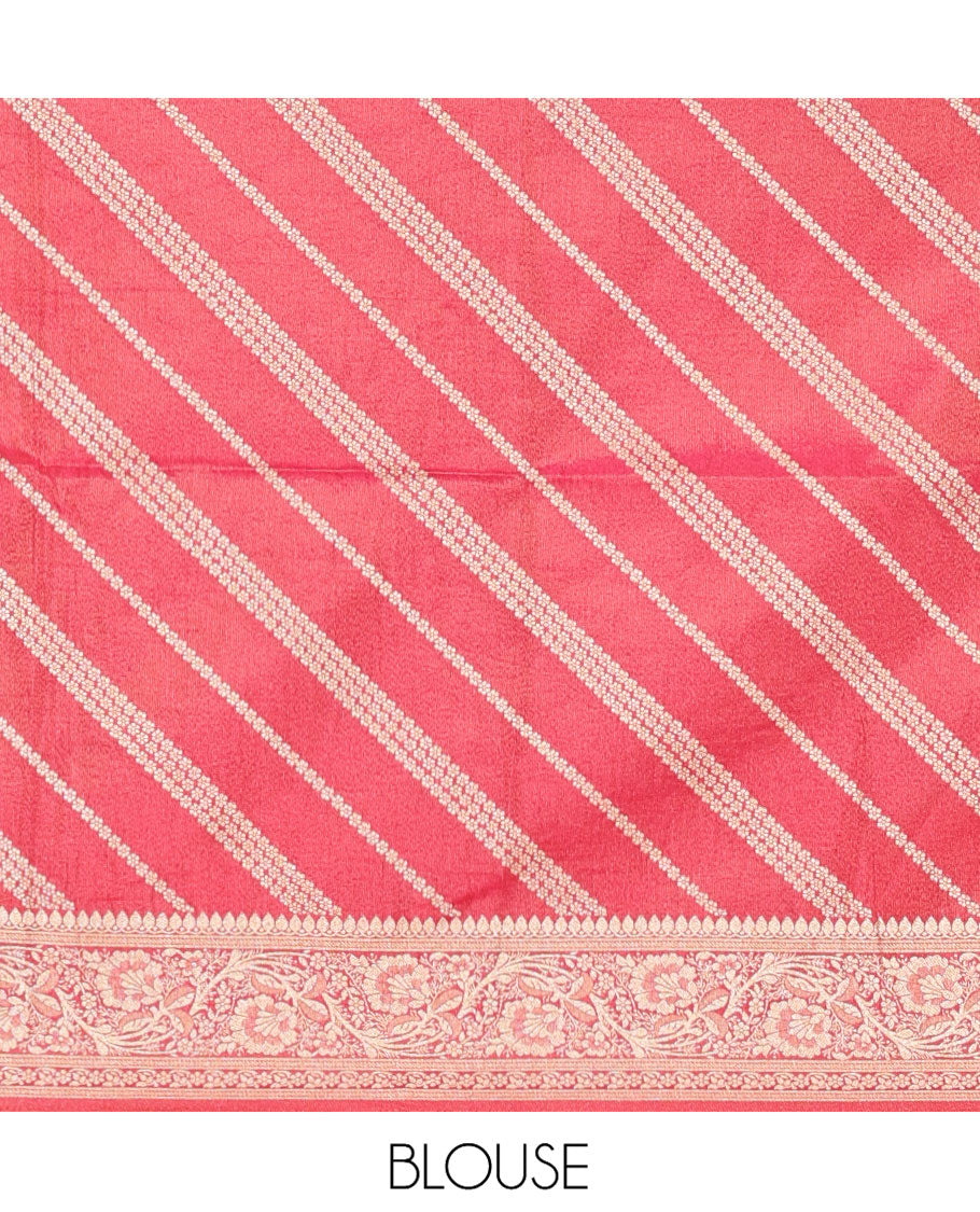 Cream-Rani Pink Semi-Banarasi Half-Saree Features Leheriya Striped Skirt, Contrast Leheriya Striped Blouse, Georgette Striped Dhavani