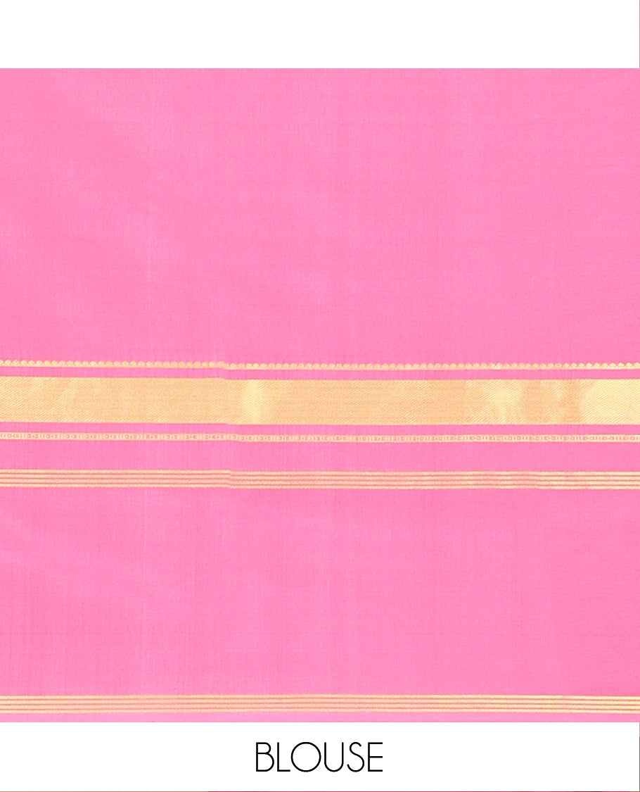 Pink Plain Mysore Silk Saree, Highlighted by Traditional Zari Border of Elephant Motifs, Subtly Zari Striped Pallu, and Paired with a Matching Blouse