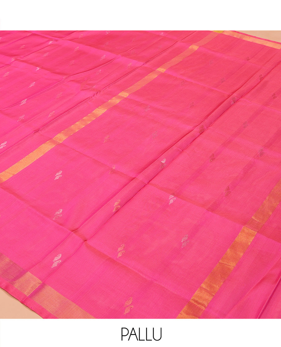 Pink Uppada Silk Saree, Subtly Sparkled with Buttas All Over Its Body, Subtle Bavanji Border, Pallu Steeped with Buttas, and Paired with a Matching Blouse
