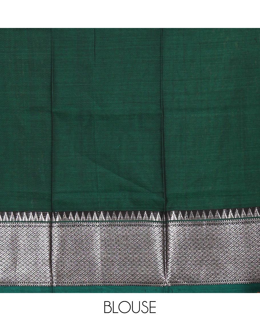 Bottle green Mercerised cotton half-saree, plain & contrast mayil kann temple border skirt, matching blouse & contrast zari border syska georgette dhavani