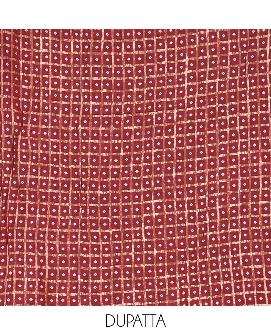Maroon Vichitra Silk Material Churidar Set, Subtly Made Plain Top, a Plain Santoon Bottom, and Paired with a Vichitra Silk Bandhani Dot Enclosed Checked Dupatta