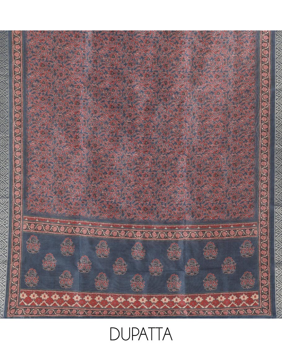 Chikku color ajrak print semi tussar chudidhar material top with jam cotton material pant & ajrak print, zari weaving dupatta