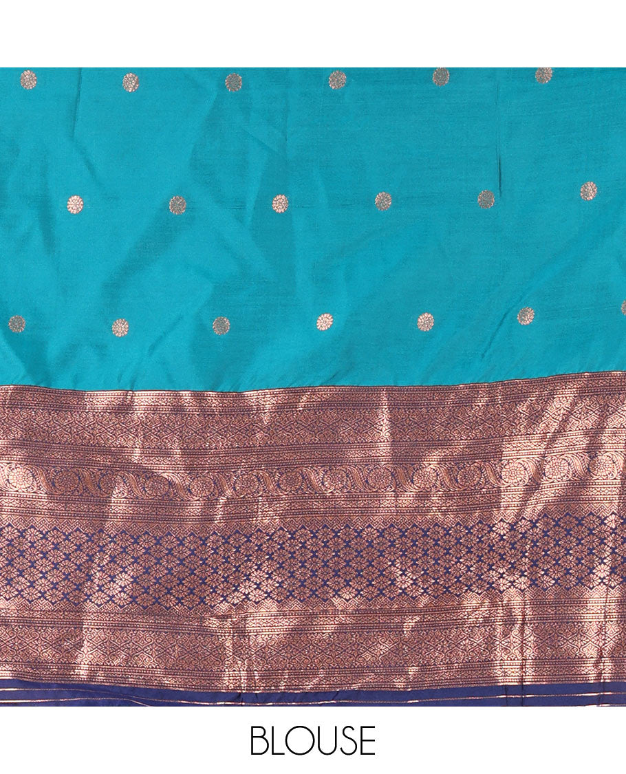 Rama green taffeta silk half-saree, flower zari buttas and contrast traditional zari bordered skirt, a matching blouse, and contrast embroidered satin georgette scallop dhavani