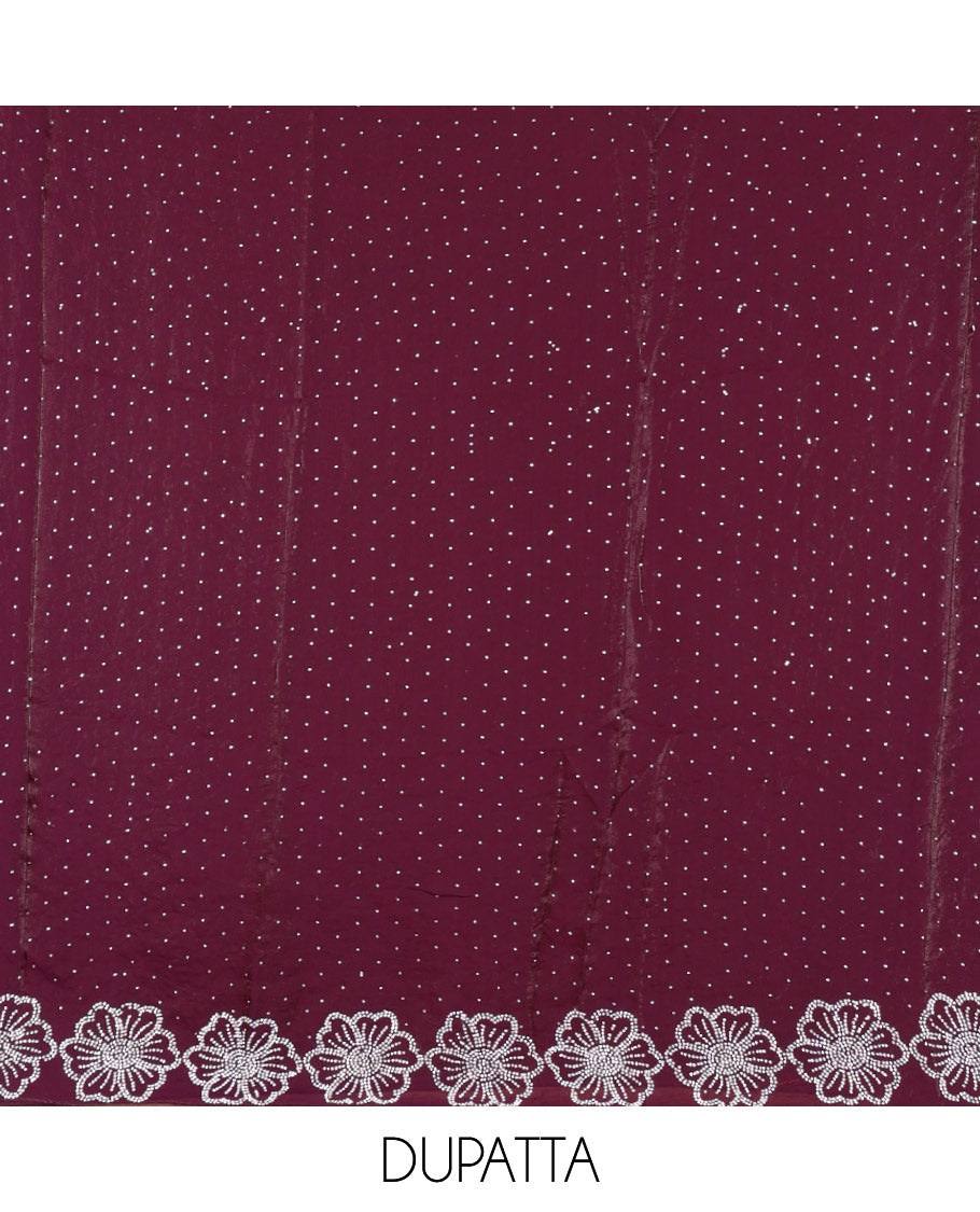 Purple velvet organza material chudidar set, micro stone embedded with floral micro-stone embroidered top, Italian crepe bottom, and micro stone embroidered dupatta