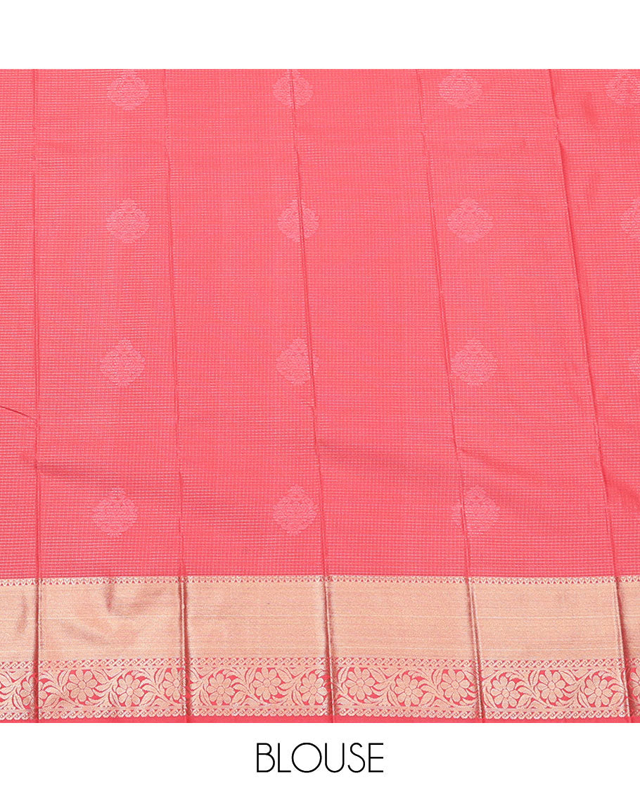 Pink Budget Silk Saree, Embellished with Zari Buttas and Zari Checks All Over Its Body, Highlighted by a Traditional Zari Design Border of Floral Creeper Designs, Pallu of Jaal Designs, and Paired with a Matching Blouse
