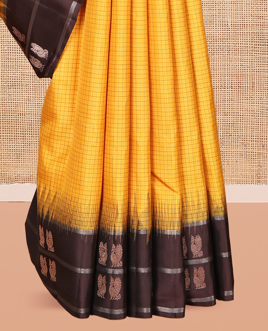 Yellow Checked Kanchipuram Silk Saree, a Contrast Border of Peacock Buttas, Grand Jaal Pallu, and a Contrast Blouse