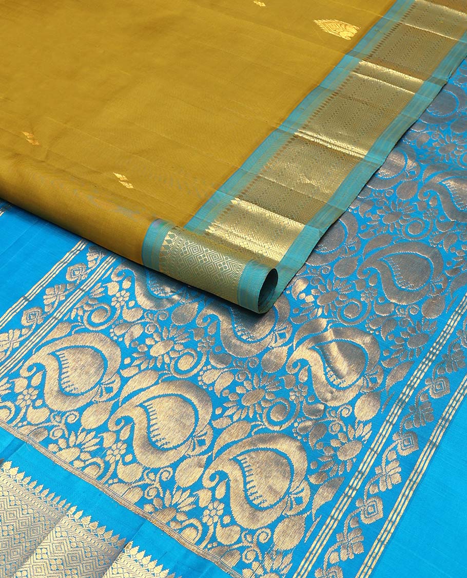 Green buttas kancheepuram silk saree with contrast korvai intricate zari design border & floral design pallu