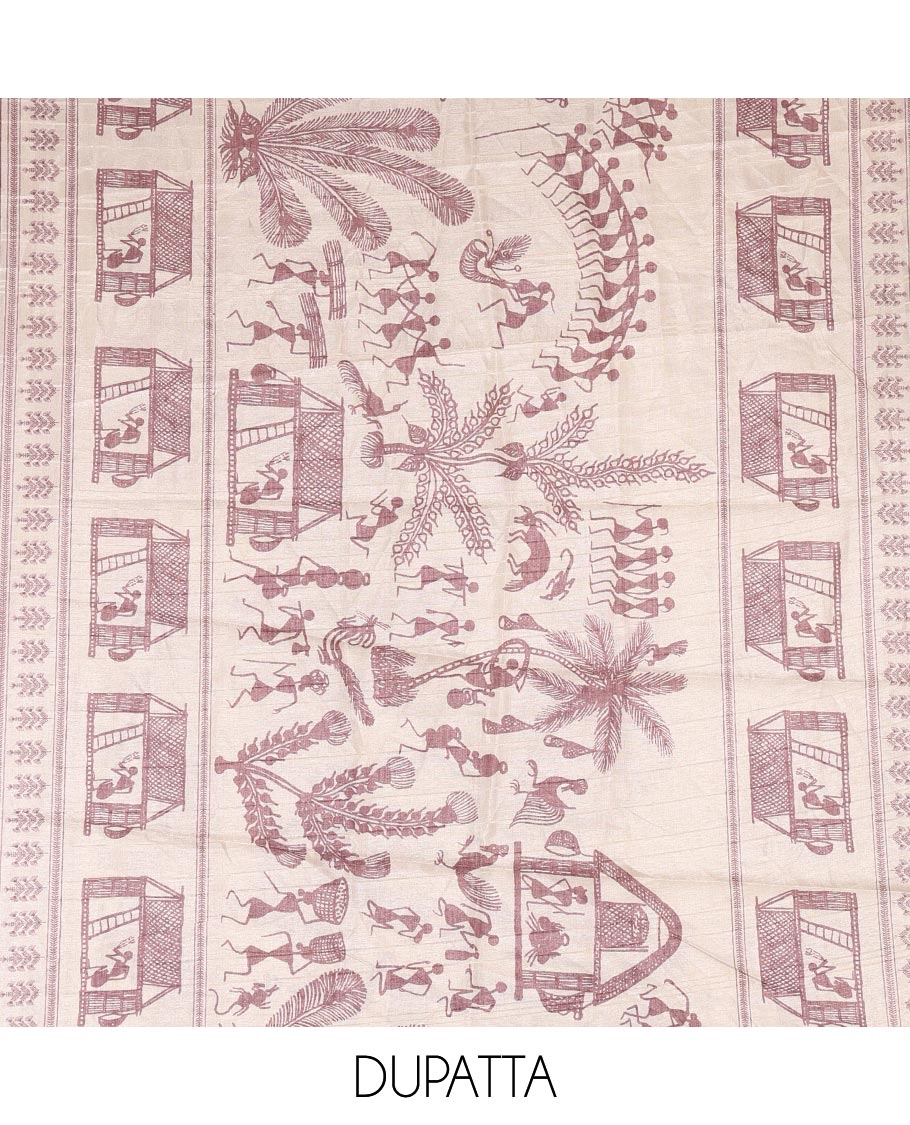 Onion pink material churidar set, warli tribe village theme print with mirror work semi-tussar top, plain bottom, and warli tribe village theme print semi-tussar dupatta