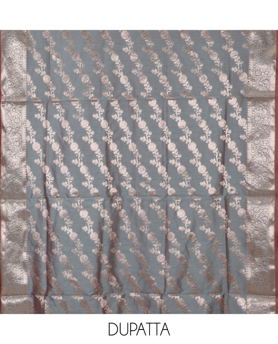 Grey banarasi material chudidar set, zari buttas woven top, plain bottom, and diagonal floral striped taffeta silk dupatta