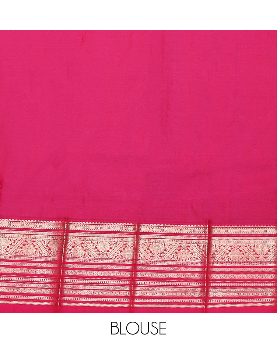 Black Budget Silk Saree, Beautified with Butterfly Buttas All Over Its Body, Complemented by a Contrast Traditional Zari Design Border, Contrast Pallu of Chevron Stripes, and Paired with a Contrast Blouse
