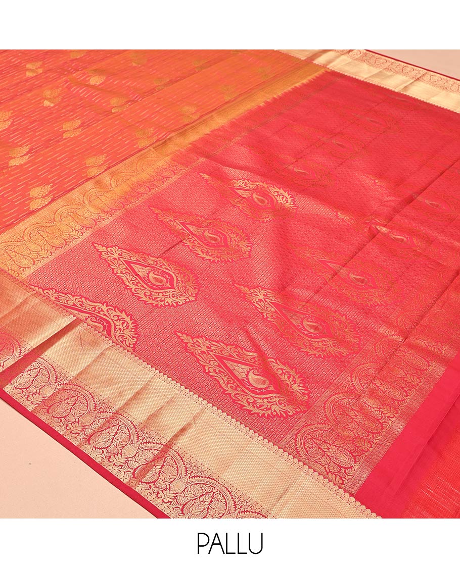 Orange Vasundhara Lite Silk Mix Saree, Beautified with Zari Buttas, a Contrast Border of Thilakam Mokku, Rudraksham, Mayil Kann, and Zari Designs, Grand Pallu, and a Contrast Blouse