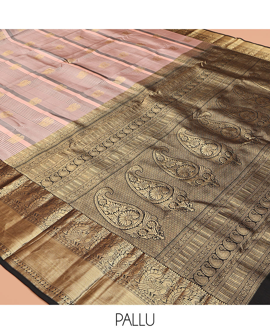 Pink Vasundhara Silk Saree, Accentuated with Zari Buttas and Stripes, Complemented by Contrast Border of Rekku, Muthu, Rudraksham, and Mayil Designs, Grand Pallu, and a Contrast Blouse