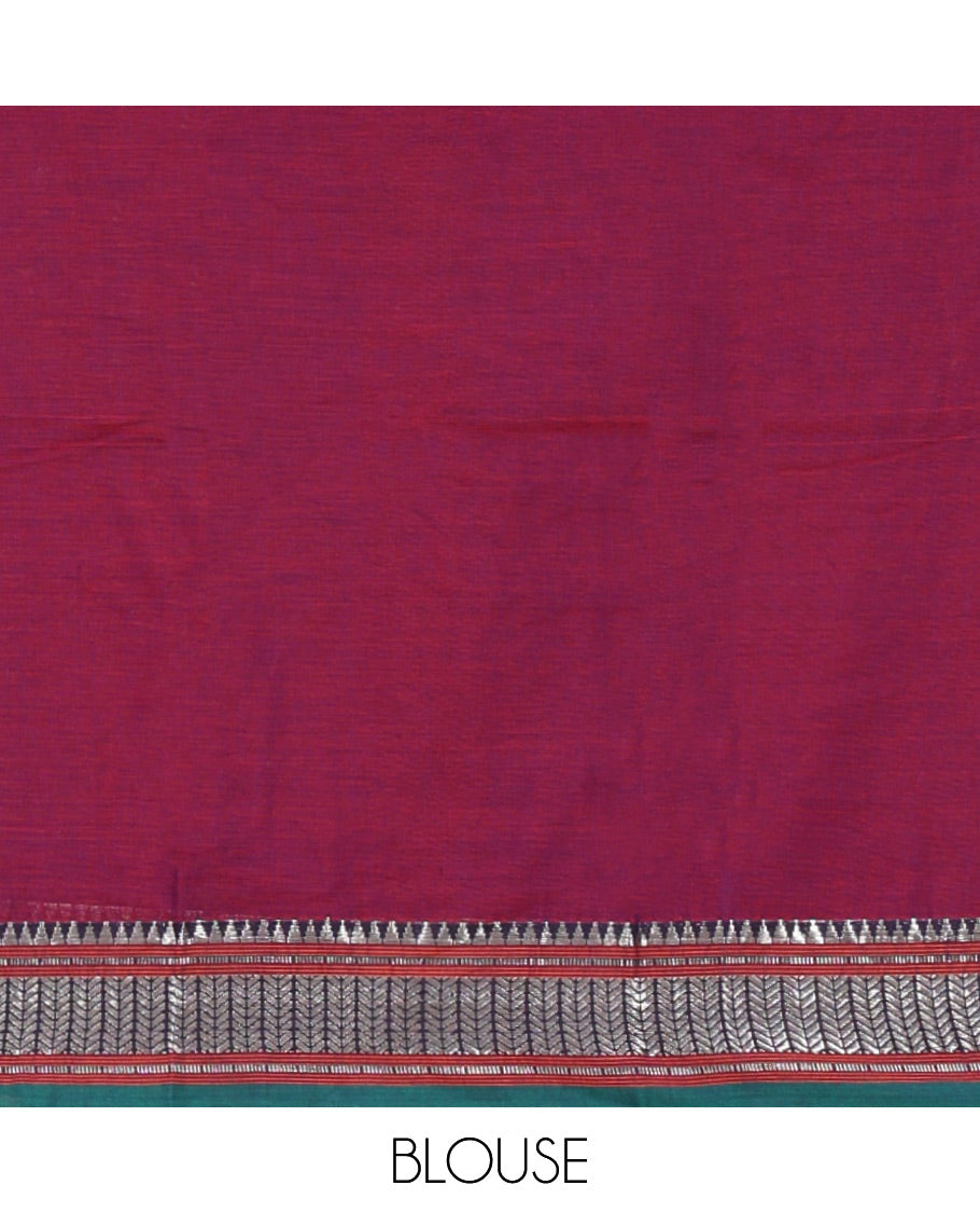 Magenta mercerized cotton half-saree, plain & contrast traditional temple border skirt, matching blouse & contrast temple zari border vichitra silk dhavani