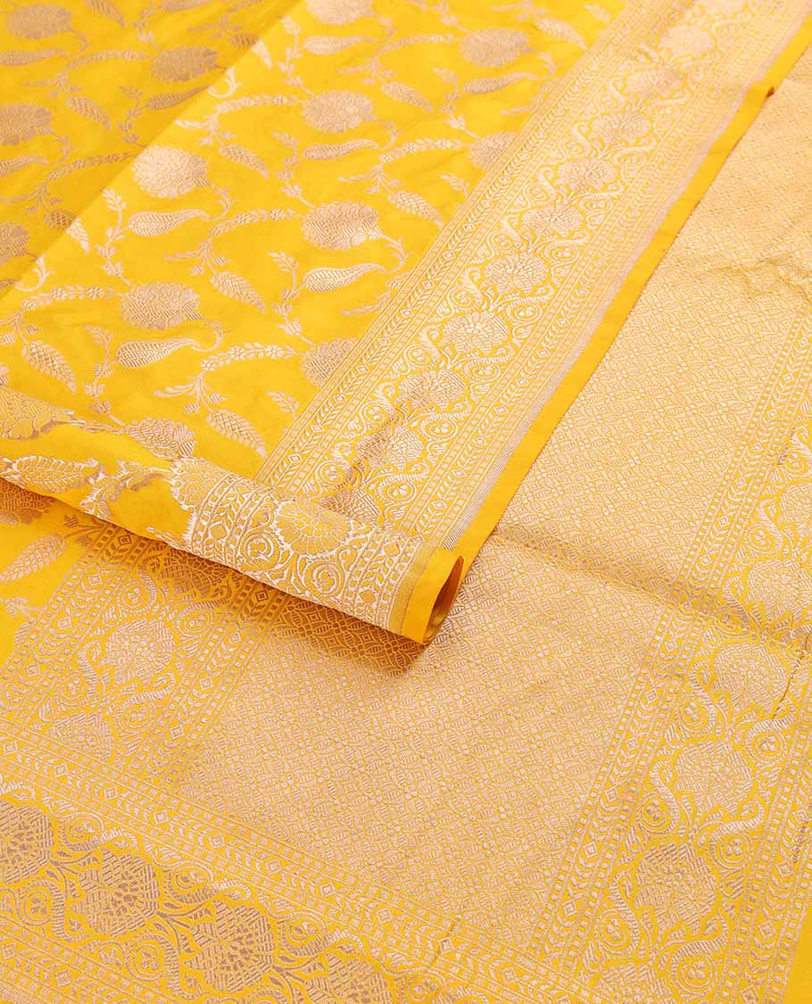 Yellow floral jacquard banaras silk saree with self intricate zari border & floral zari design pallu