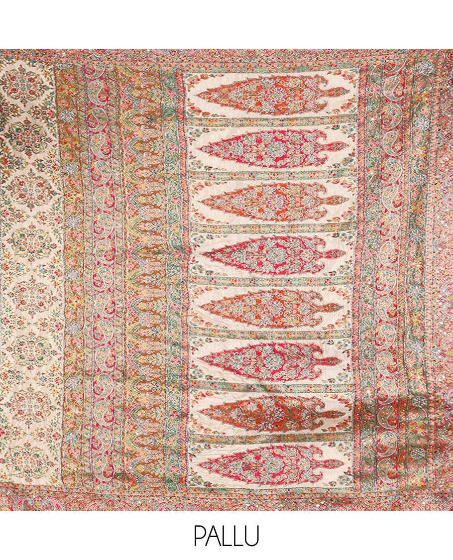 Multi-Color Dola Silk Saree, Masterfully Printed with Colorful Floral-Paisley Design on Its Body, Complemented by Contrast Print and Embroidery Border, Intricately Designed Pallu, and Paired with a Matching Blouse