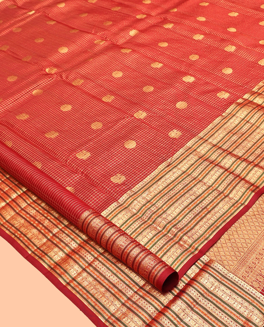 Red Kanchipuram Silk Saree, Woven with Zari Buttas and Checks, a Zari Jacquard Border, Jaal Pallu, and a Matching Blouse