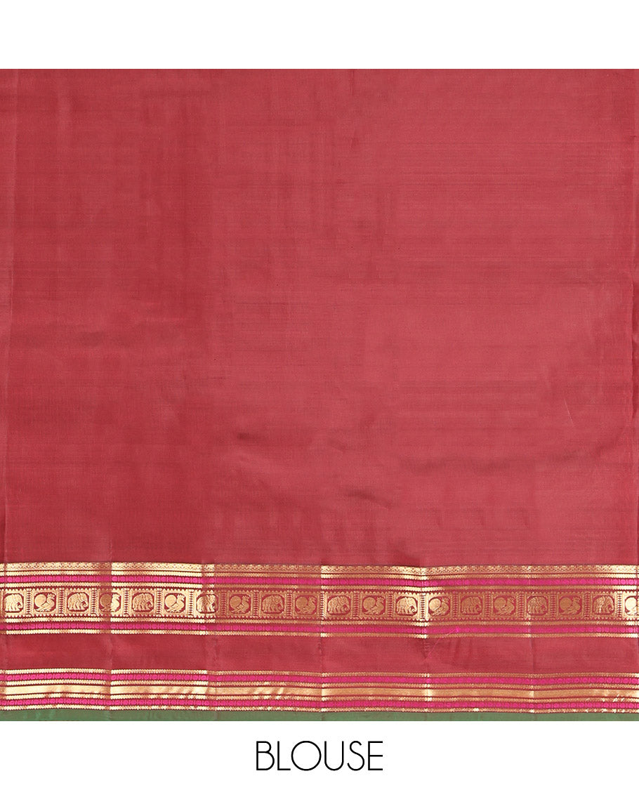 Pink Vasundhara Lite Silk Mix Saree, Decked Up with Mayil-Chakram Buttas, a Contrast Traditional Rettai Pettu Border, Pallu of Mayil-Yaanai Butta Enclosed Checks, and a Contrast Blouse