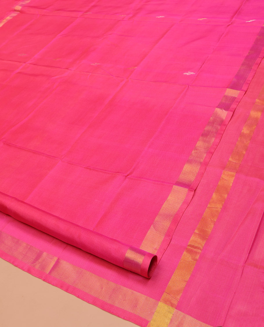 Pink Uppada Silk Saree, Subtly Sparkled with Buttas All Over Its Body, Subtle Bavanji Border, Pallu Steeped with Buttas, and Paired with a Matching Blouse