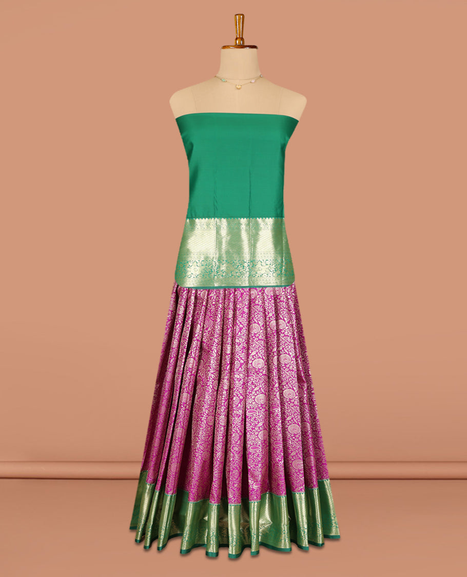 Purple Jacquard Art Silk Pavadai Material, Mesmerized with Contrast Traditional Border, Contrast Blouse