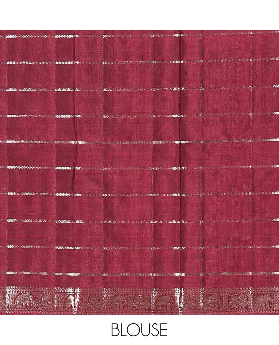 Maroon zari design Kanchipuram silk saree, zari border of reeku, kathir, muthu, yaanai, and mayil designs, and vanki design pallu