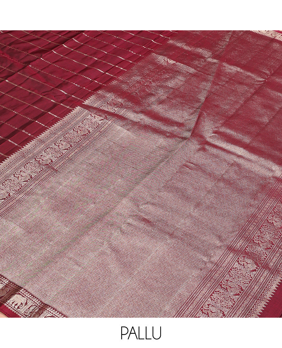 Maroon zari design Kanchipuram silk saree, zari border of reeku, kathir, muthu, yaanai, and mayil designs, and vanki design pallu